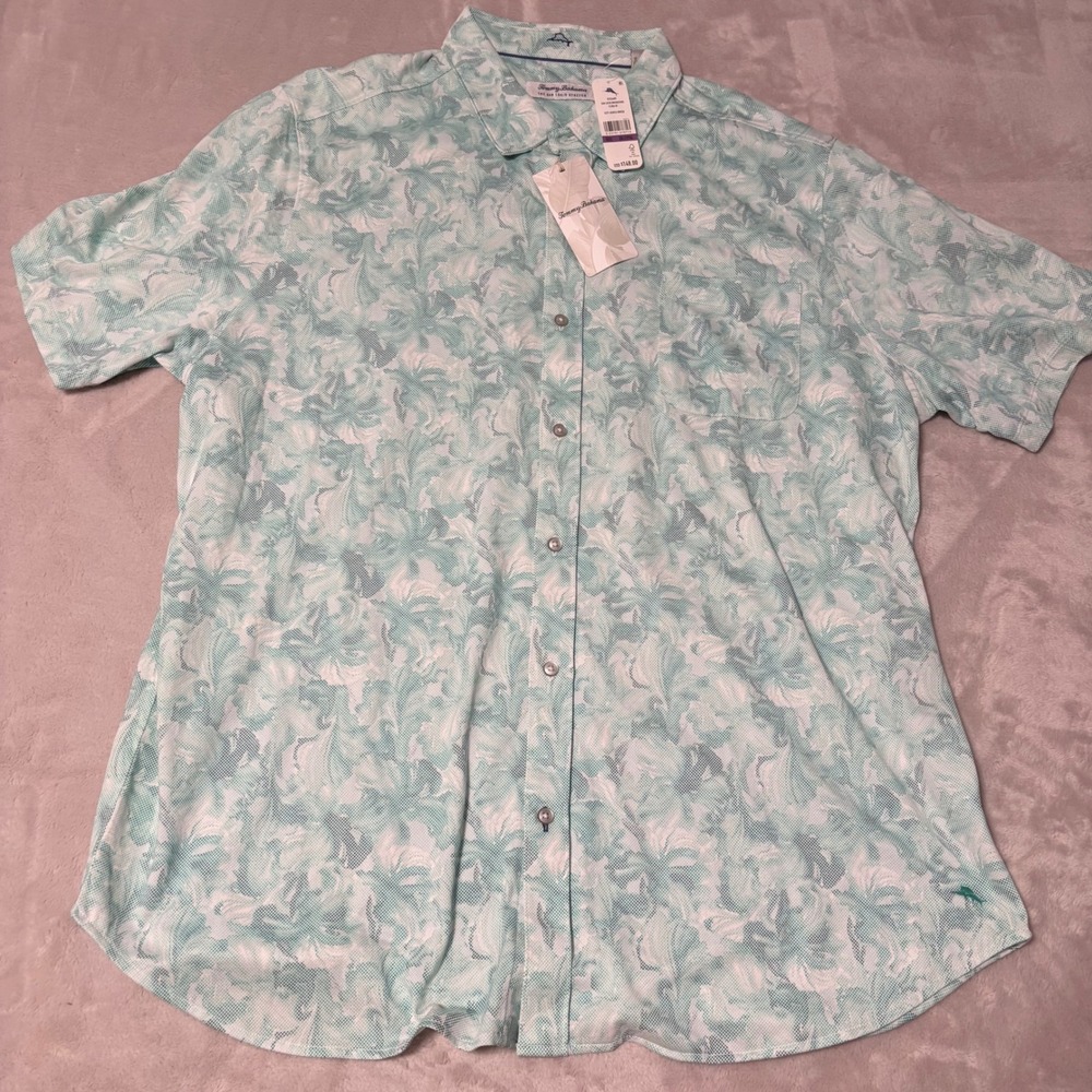 Tommy Bahama San Lucio Brushstroke Flora Shirt Mens 2XLT Teal Cotton Stretch NWT
